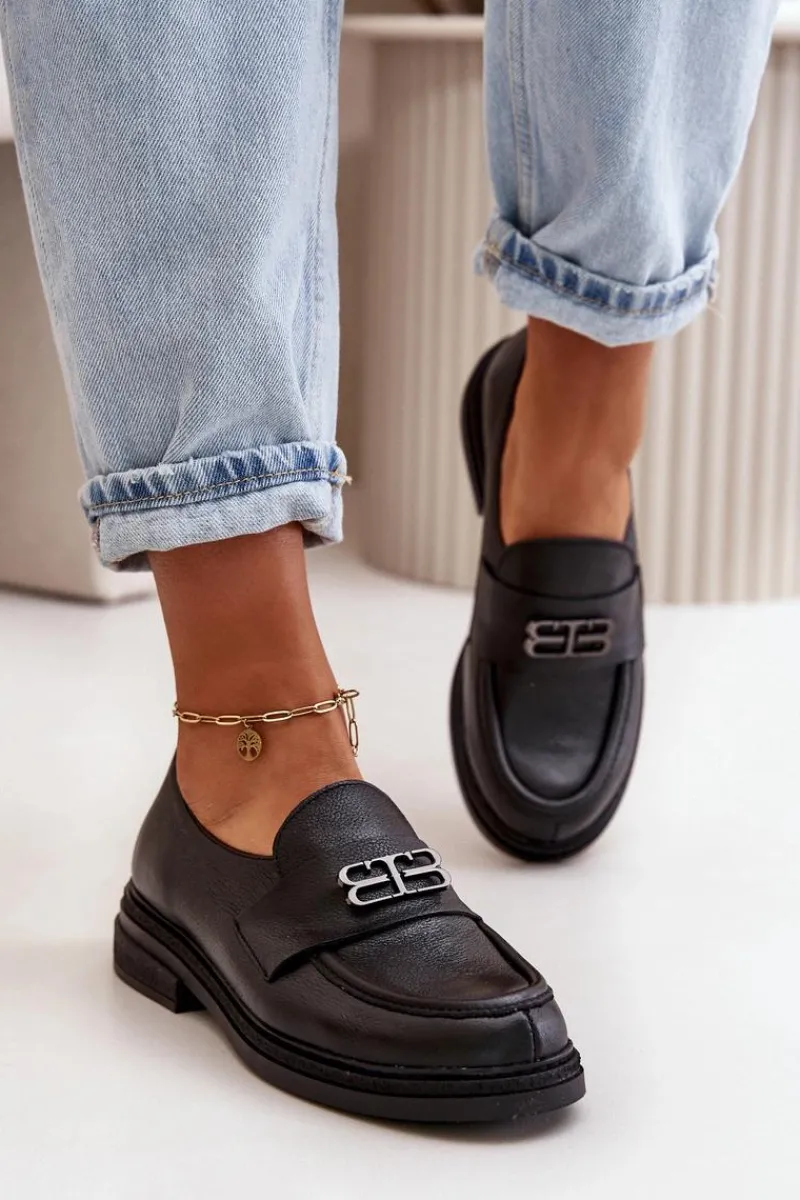 Półbuty Skórzane>Zazoo 20174 Skórzane Eleganckie Półbuty Damskie Na Płaskim Obcasie Czarne Czarny