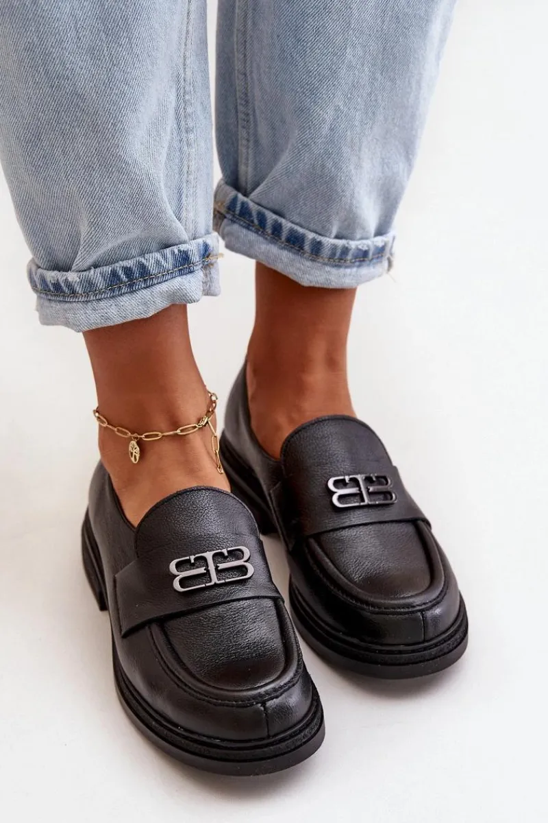 Półbuty Skórzane>Zazoo 20174 Skórzane Eleganckie Półbuty Damskie Na Płaskim Obcasie Czarne Czarny