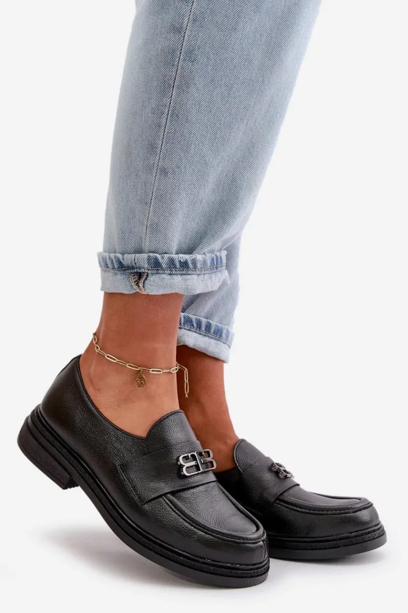 Półbuty Skórzane>Zazoo 20174 Skórzane Eleganckie Półbuty Damskie Na Płaskim Obcasie Czarne Czarny