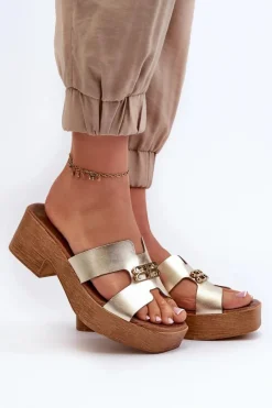 Klapki Na Obcasie|Klapki Damskie Klasyczne>Zazoo 40412 Skórzane Eleganckie Klapki Damskie Z Ozdobą Złote Złoty