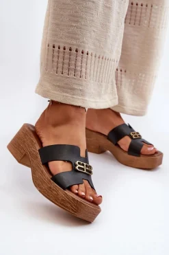 Best Zazoo 40412 Skórzane Eleganckie Klapki Damskie Ze Złotą Ozdobą Czarne Czarny