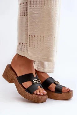 Best Zazoo 40412 Skórzane Eleganckie Klapki Damskie Ze Złotą Ozdobą Czarne Czarny