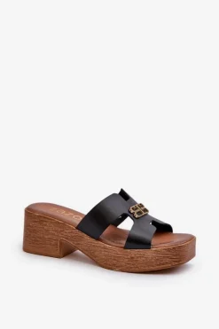 Best Zazoo 40412 Skórzane Eleganckie Klapki Damskie Ze Złotą Ozdobą Czarne Czarny