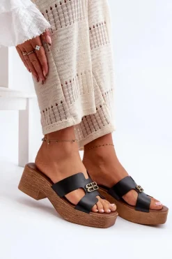 Best Zazoo 40412 Skórzane Eleganckie Klapki Damskie Ze Złotą Ozdobą Czarne Czarny