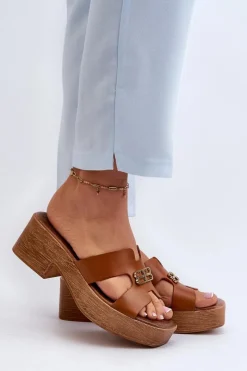 Outlet 40412 Skórzane Eleganckie Klapki Damskie Ze Złotą Ozdobą Brązowe Damskie Klapki Na Obcasie|Klapki Damskie Klasyczne