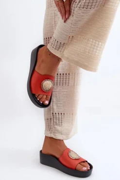 Klapki Na Koturnie|Klapki Na Platformie></noscript>Zazoo 2920 Skórzane Klapki Damskie Na Koturnie Ze Złotym Detalem Pomarańczowe