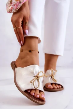 Outlet Zazoo 2659 Skórzane Klapki Damskie Biało-Złote