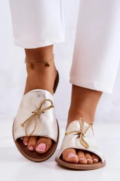 Outlet Zazoo 2659 Skórzane Klapki Damskie Biało-Złote