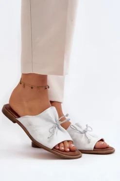 Outlet 2659 Skórzane Klapki Damskie Srebrne Damskie Klapki Damskie Klasyczne