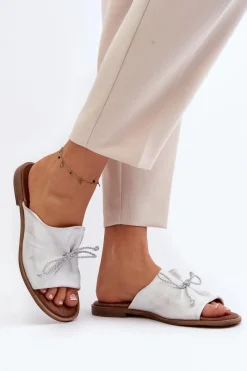 Outlet 2659 Skórzane Klapki Damskie Srebrne Damskie Klapki Damskie Klasyczne