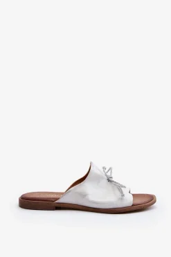 Outlet 2659 Skórzane Klapki Damskie Srebrne Damskie Klapki Damskie Klasyczne