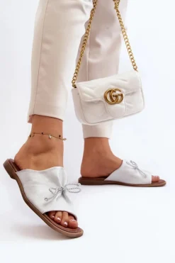 Outlet 2659 Skórzane Klapki Damskie Srebrne Damskie Klapki Damskie Klasyczne