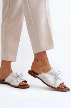 Outlet 2659 Skórzane Klapki Damskie Srebrne Damskie Klapki Damskie Klasyczne