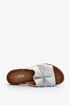 Outlet 2659 Skórzane Klapki Damskie Srebrne Damskie Klapki Damskie Klasyczne