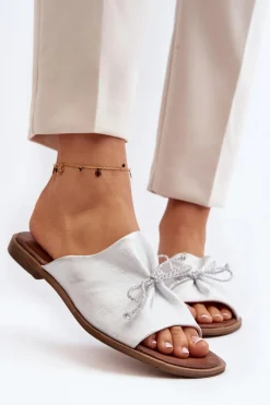 Outlet 2659 Skórzane Klapki Damskie Srebrne Damskie Klapki Damskie Klasyczne