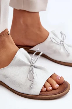 Outlet 2659 Skórzane Klapki Damskie Srebrne Damskie Klapki Damskie Klasyczne