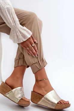 Discount Zazoo 40289 Skórzane Klapki Damskie Na Korkowym Koturnie Złote