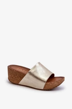 Discount Zazoo 40289 Skórzane Klapki Damskie Na Korkowym Koturnie Złote