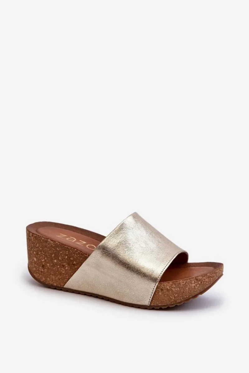 Discount Zazoo 40289 Skórzane Klapki Damskie Na Korkowym Koturnie Złote
