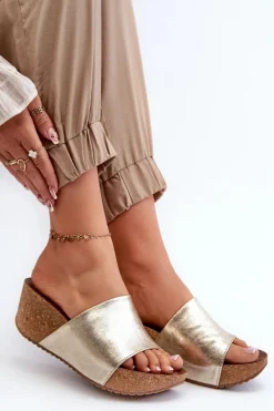 Discount Zazoo 40289 Skórzane Klapki Damskie Na Korkowym Koturnie Złote