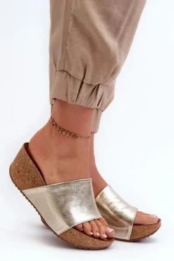 Discount Zazoo 40289 Skórzane Klapki Damskie Na Korkowym Koturnie Złote