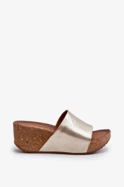 Discount Zazoo 40289 Skórzane Klapki Damskie Na Korkowym Koturnie Złote