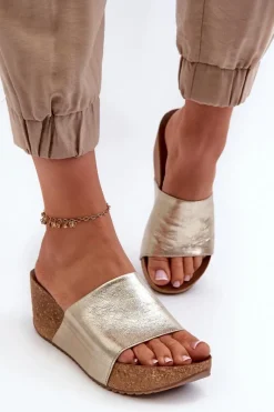 Discount Zazoo 40289 Skórzane Klapki Damskie Na Korkowym Koturnie Złote