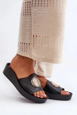 Clearance 2920 Skórzane Klapki Damskie Na Koturnie Ze Złotym Detalem Czarne Damskie Klapki Na Koturnie|Klapki Na Platformie