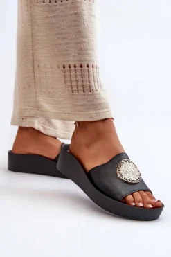 Clearance 2920 Skórzane Klapki Damskie Na Koturnie Ze Złotym Detalem Czarne Damskie Klapki Na Koturnie|Klapki Na Platformie