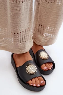 Clearance 2920 Skórzane Klapki Damskie Na Koturnie Ze Złotym Detalem Czarne Damskie Klapki Na Koturnie|Klapki Na Platformie