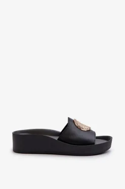 Clearance 2920 Skórzane Klapki Damskie Na Koturnie Ze Złotym Detalem Czarne Damskie Klapki Na Koturnie|Klapki Na Platformie