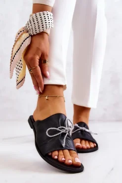 Online Zazoo 2659 Skórzane Klapki Damskie Czarne Czarny