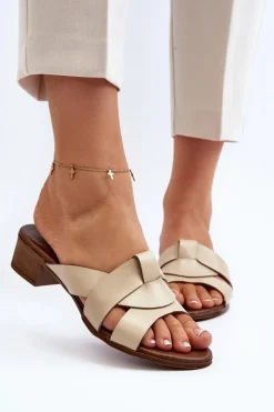 Best 40236 Skórzane Klapki Damskie Na Niskim Obcasie Beżowe Damskie Klapki Na Obcasie|Klapki Damskie Klasyczne