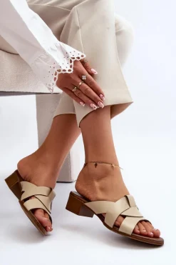 Best 40236 Skórzane Klapki Damskie Na Niskim Obcasie Beżowe Damskie Klapki Na Obcasie|Klapki Damskie Klasyczne