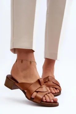 Clearance Zazoo 40236 Skórzane Klapki Damskie Na Niskim Obcasie Brązowe