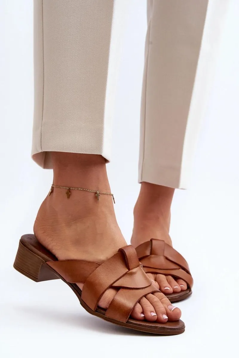 Clearance Zazoo 40236 Skórzane Klapki Damskie Na Niskim Obcasie Brązowe