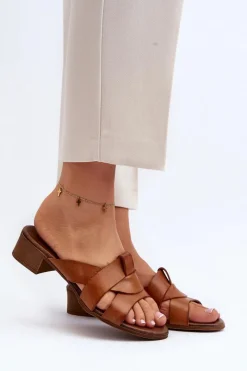 Clearance Zazoo 40236 Skórzane Klapki Damskie Na Niskim Obcasie Brązowe