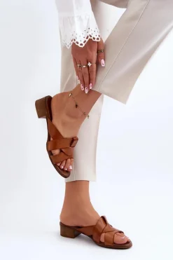 Clearance Zazoo 40236 Skórzane Klapki Damskie Na Niskim Obcasie Brązowe