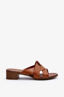 Clearance Zazoo 40236 Skórzane Klapki Damskie Na Niskim Obcasie Brązowe