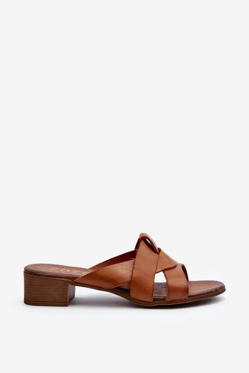 Clearance Zazoo 40236 Skórzane Klapki Damskie Na Niskim Obcasie Brązowe