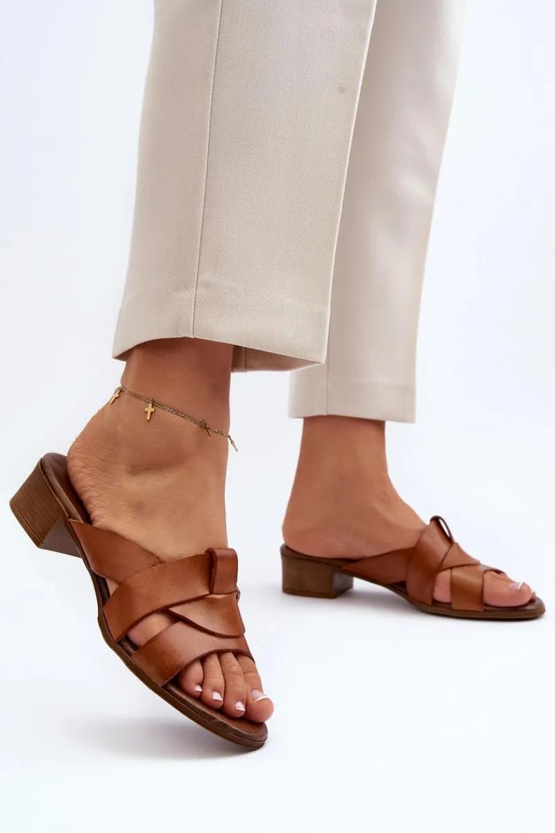 Clearance Zazoo 40236 Skórzane Klapki Damskie Na Niskim Obcasie Brązowe