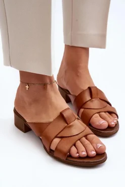 Clearance Zazoo 40236 Skórzane Klapki Damskie Na Niskim Obcasie Brązowe