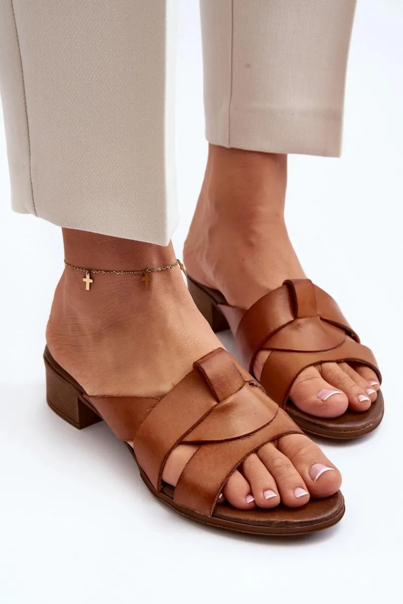 Clearance Zazoo 40236 Skórzane Klapki Damskie Na Niskim Obcasie Brązowe