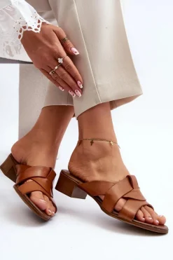 Clearance Zazoo 40236 Skórzane Klapki Damskie Na Niskim Obcasie Brązowe