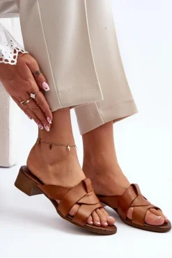 Clearance Zazoo 40236 Skórzane Klapki Damskie Na Niskim Obcasie Brązowe