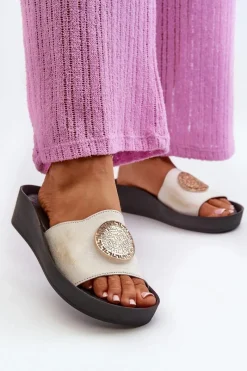 Clearance Zazoo 2920 Skórzane Klapki Damskie Na Koturnie Ze Złotym Detalem Złoty Przecierany