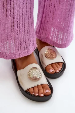 Clearance Zazoo 2920 Skórzane Klapki Damskie Na Koturnie Ze Złotym Detalem Złoty Przecierany