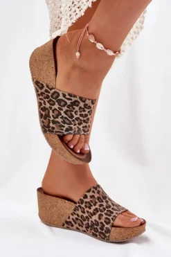 Klapki Na Koturnie|Klapki Korkowe>Zazoo 40289 Skórzane Klapki Damskie Na Korkowym Koturnie Panterka Brązowy