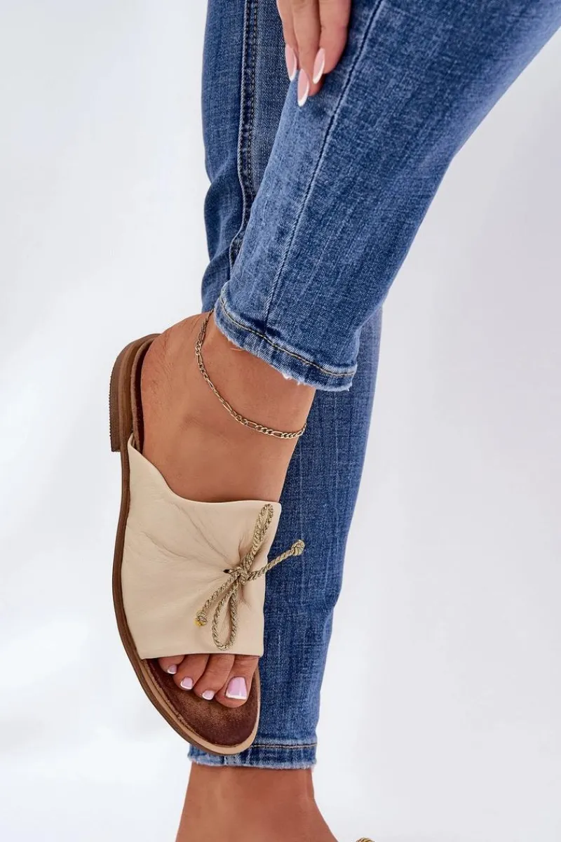 Klapki Damskie Klasyczne>Zazoo 2659 Skórzane Klapki Damskie Beżowe Beżowy