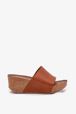 Sale 40291 Skórzane Klapki Damskie Na Korkowym Koturnie Brązowe Damskie Klapki Na Koturnie|Klapki Korkowe